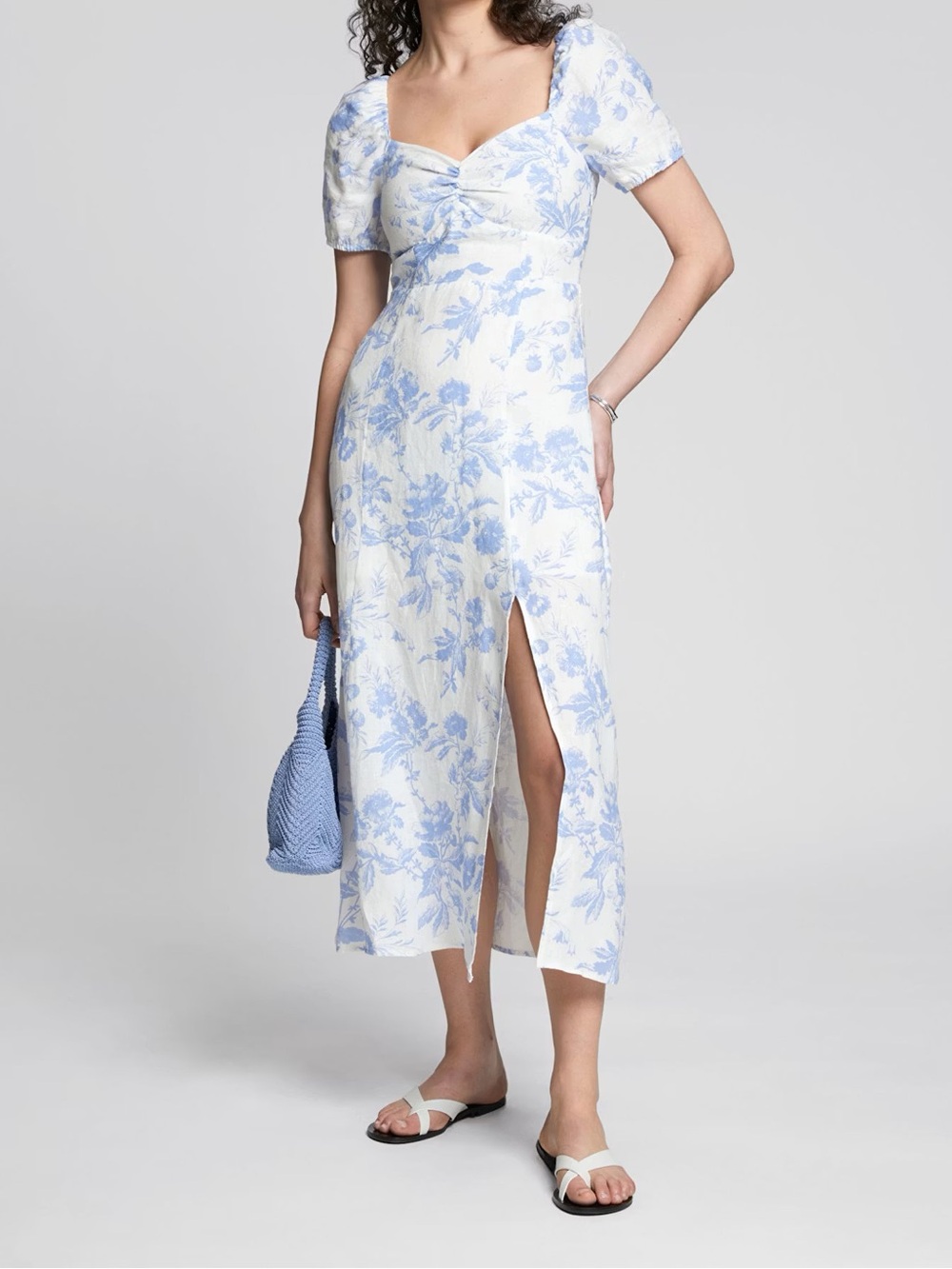 & Other Stories Blue and White Floral toile de jouy Puff-Sleeve linen Maxi Dress